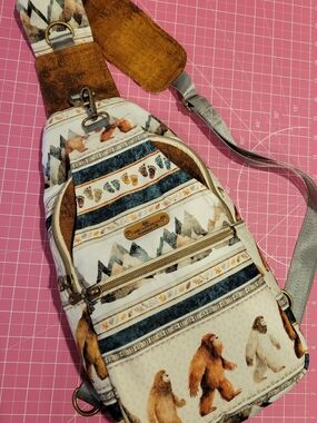 Big Foot Crossbody Sling Bag in White & Brown Pattern Print